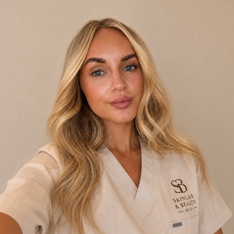 Georgia, founder of Skinlab & Beauty by G, in her studio wearing the Skinlab & Beauty tunic.