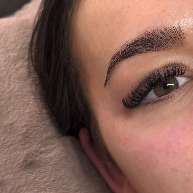 Russian volume lash extensions, close-up of a fanned, full lash line.