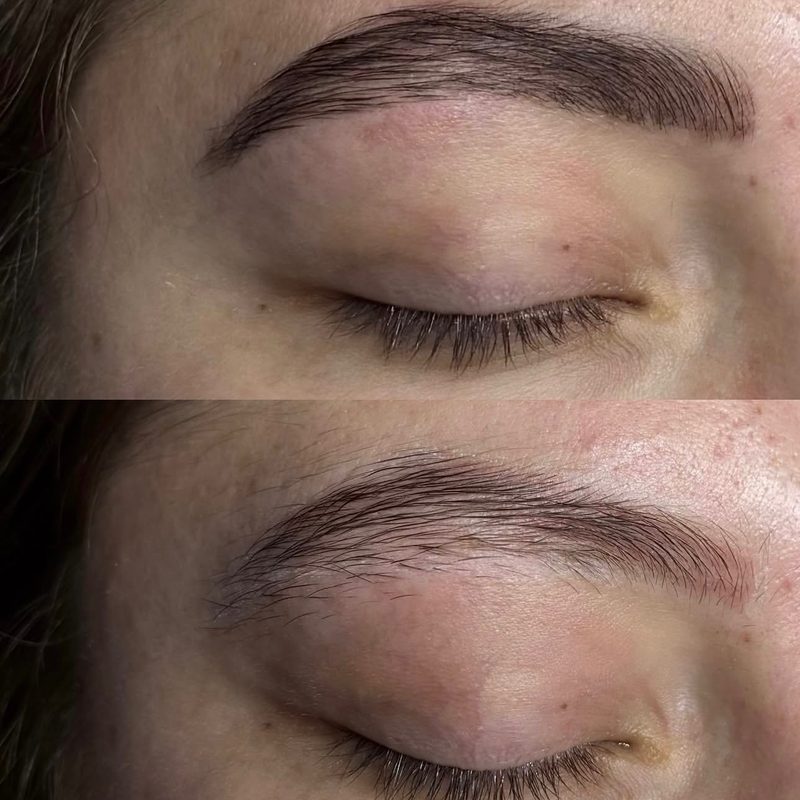 Brow lamination before and after — neatly set, fuller brows above the natural brow below.